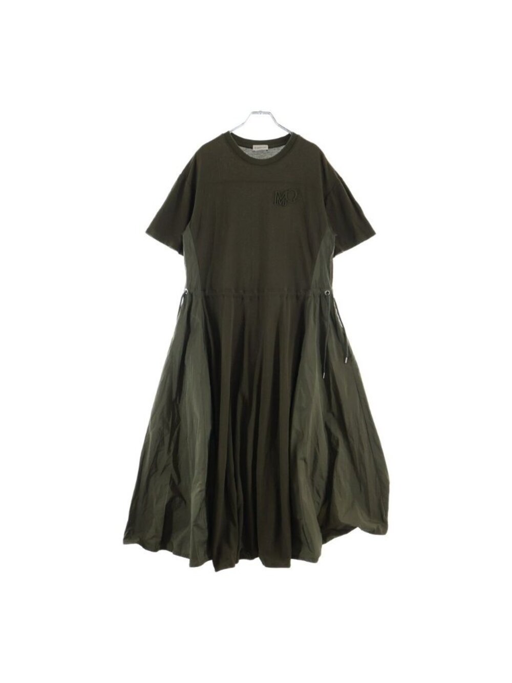 Moncler Abito Logo Embroidery Cotton Short Sleeve Contrast Dress Khaki